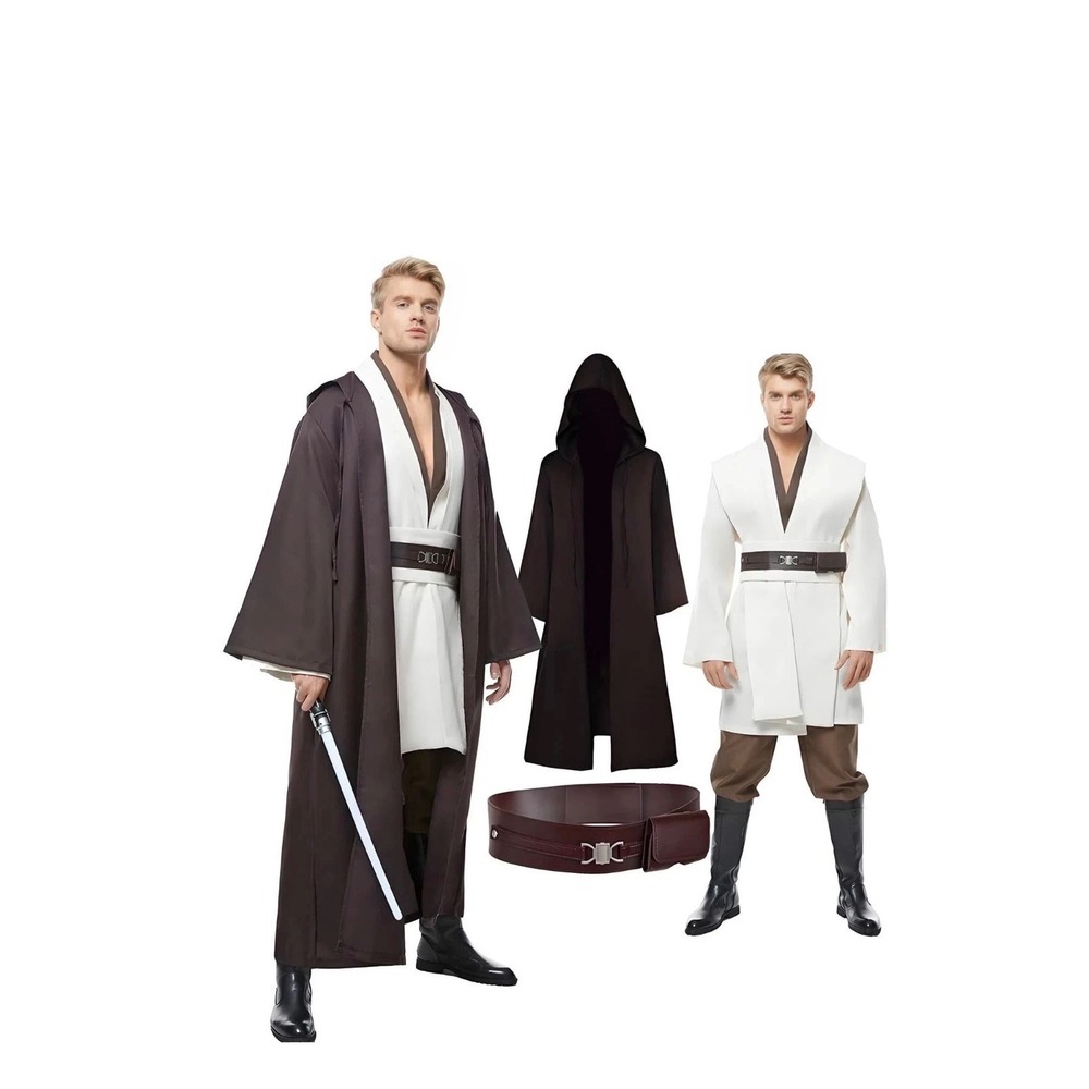 Star Wars Jedi Knight Cosplay Costume Men XL Brown Hooded Robe Tunic Belt Set